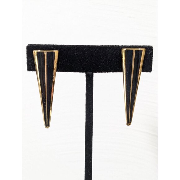 Vintage Monet Black Triangle V Shape Drop Clip on Earrings Gold Tone - Picture 1 of 7